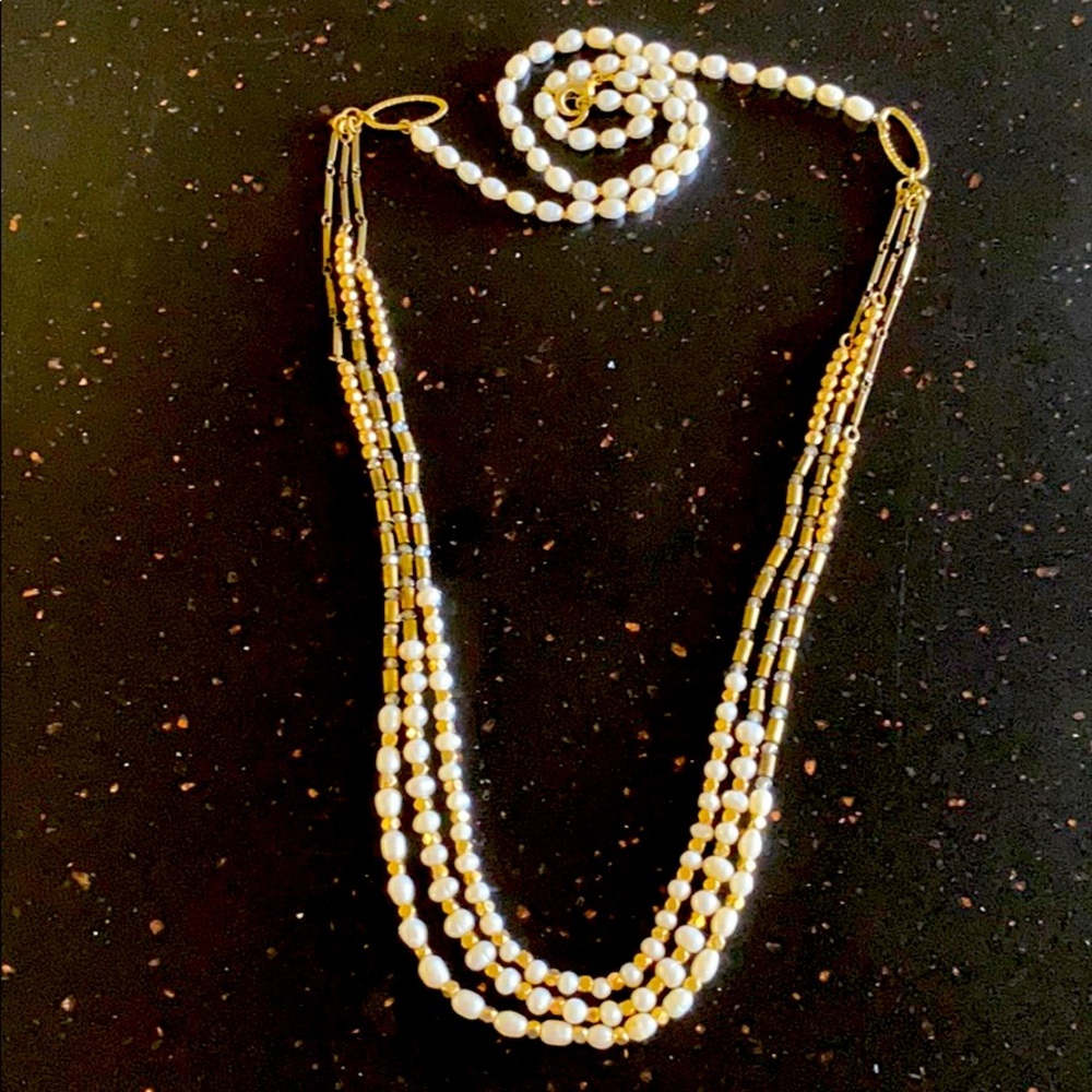 Exquisite pearl hematite three layer long necklace